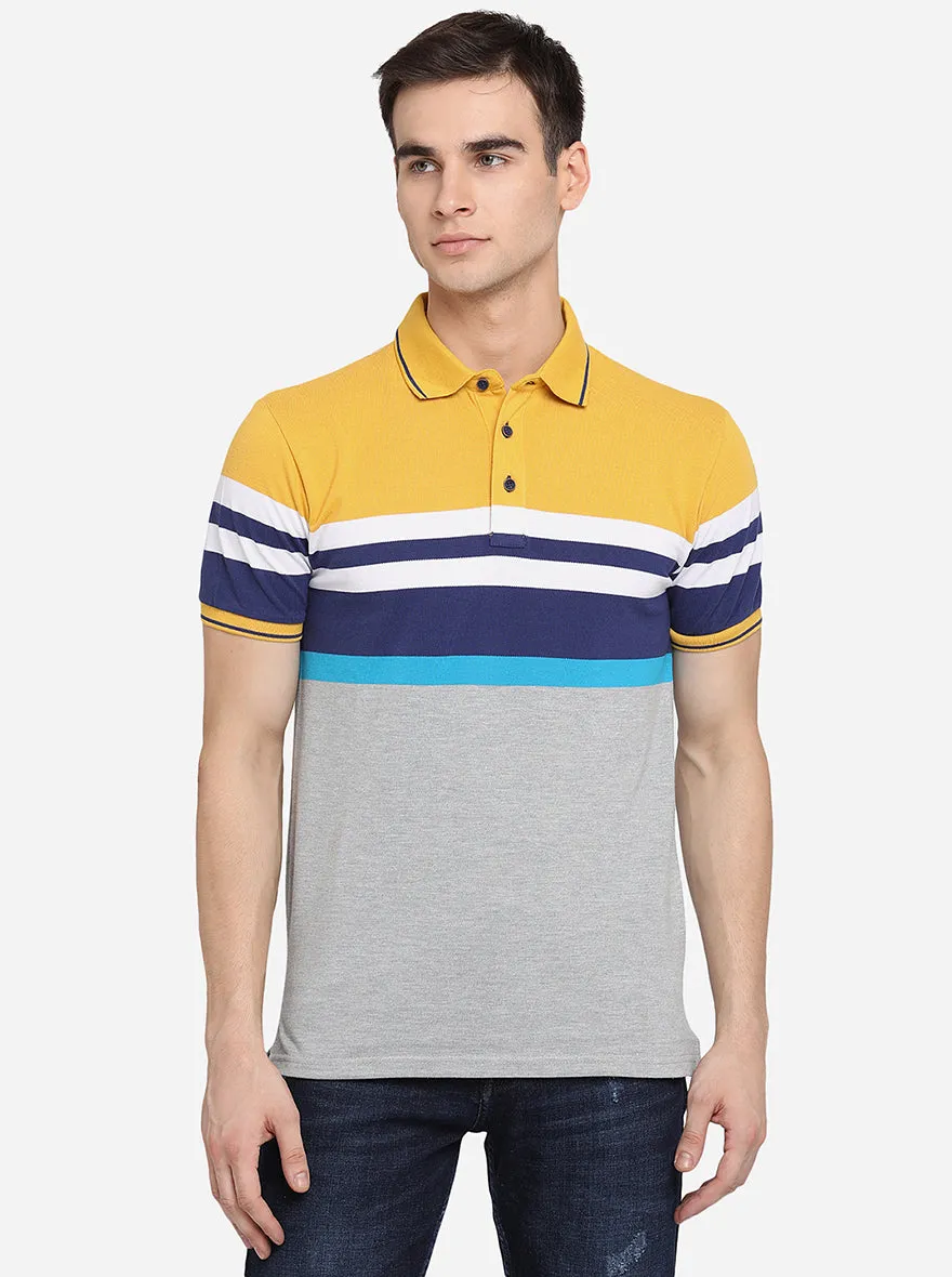 Yellow & Grey Striped Slim Fit Polo T-Shirt | JadeBlue