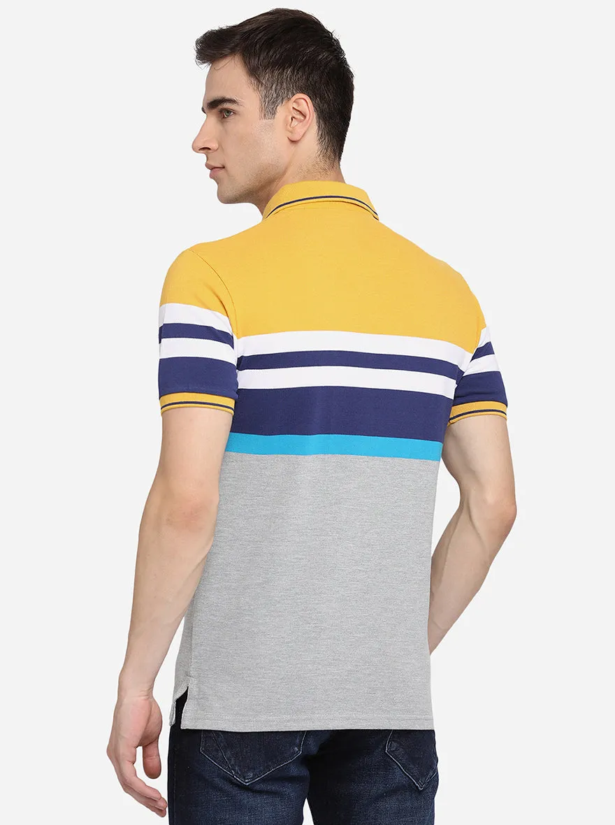 Yellow & Grey Striped Slim Fit Polo T-Shirt | JadeBlue