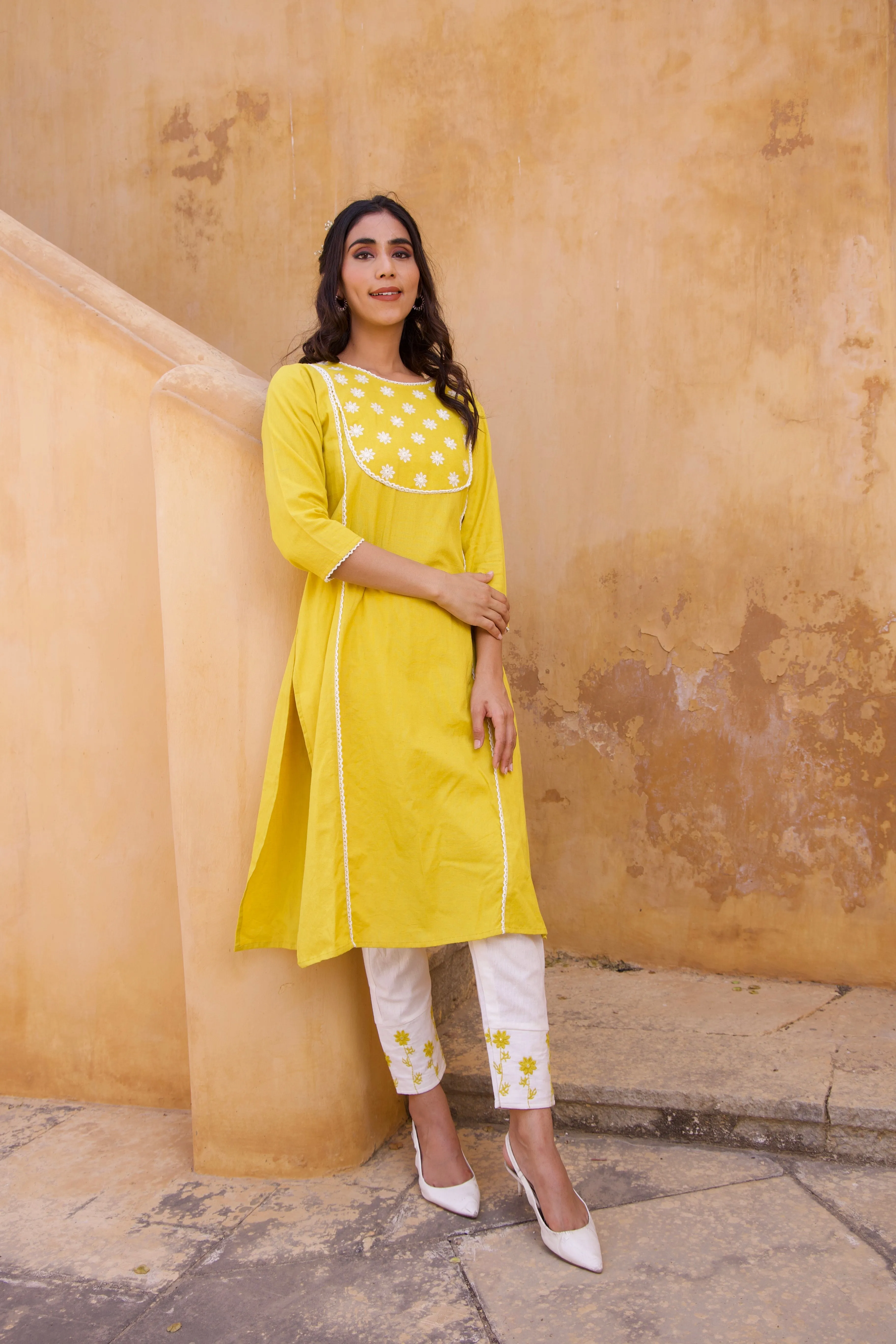 Yellow Cotton floral Summer Kurta Set