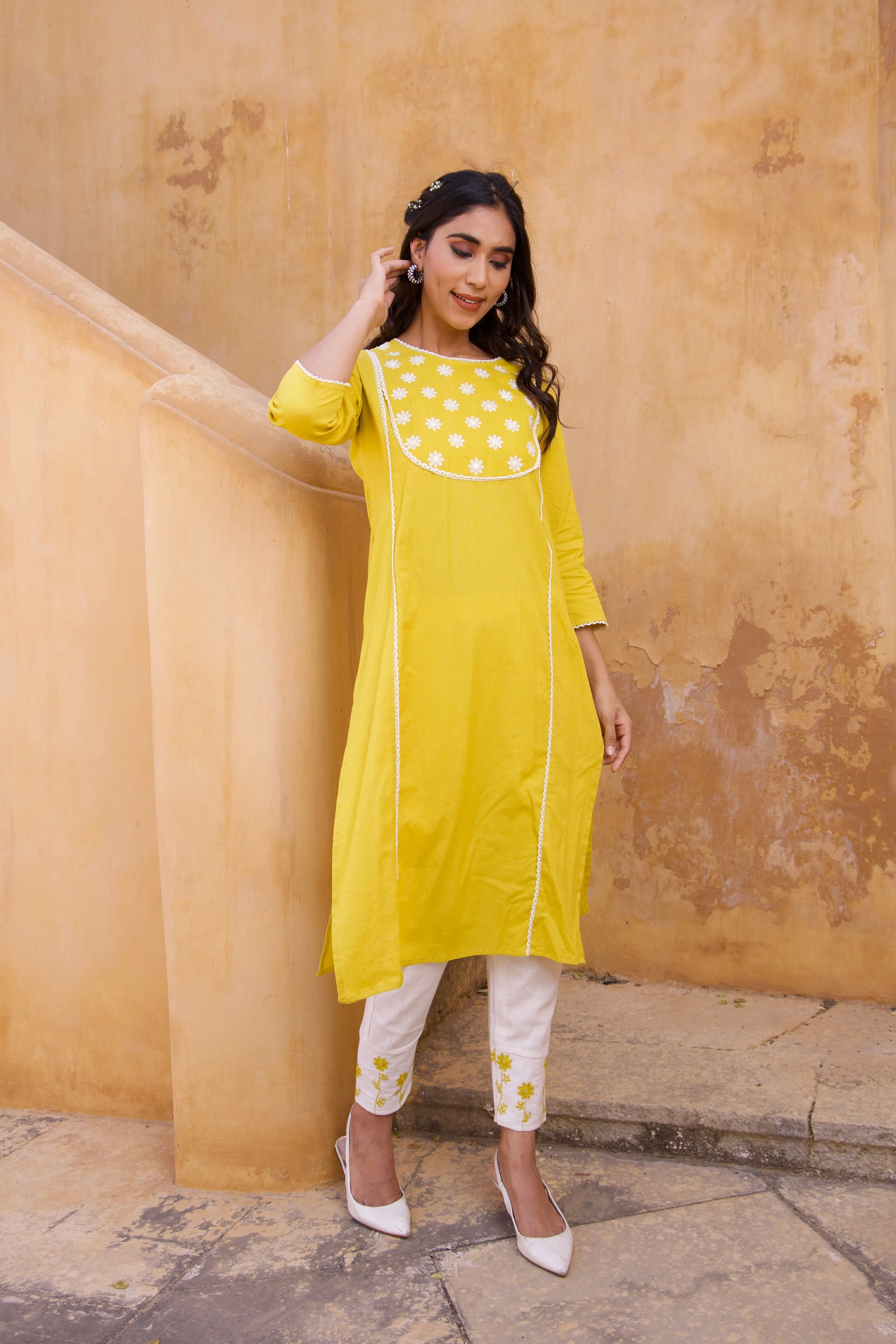 Yellow Cotton floral Summer Kurta Set