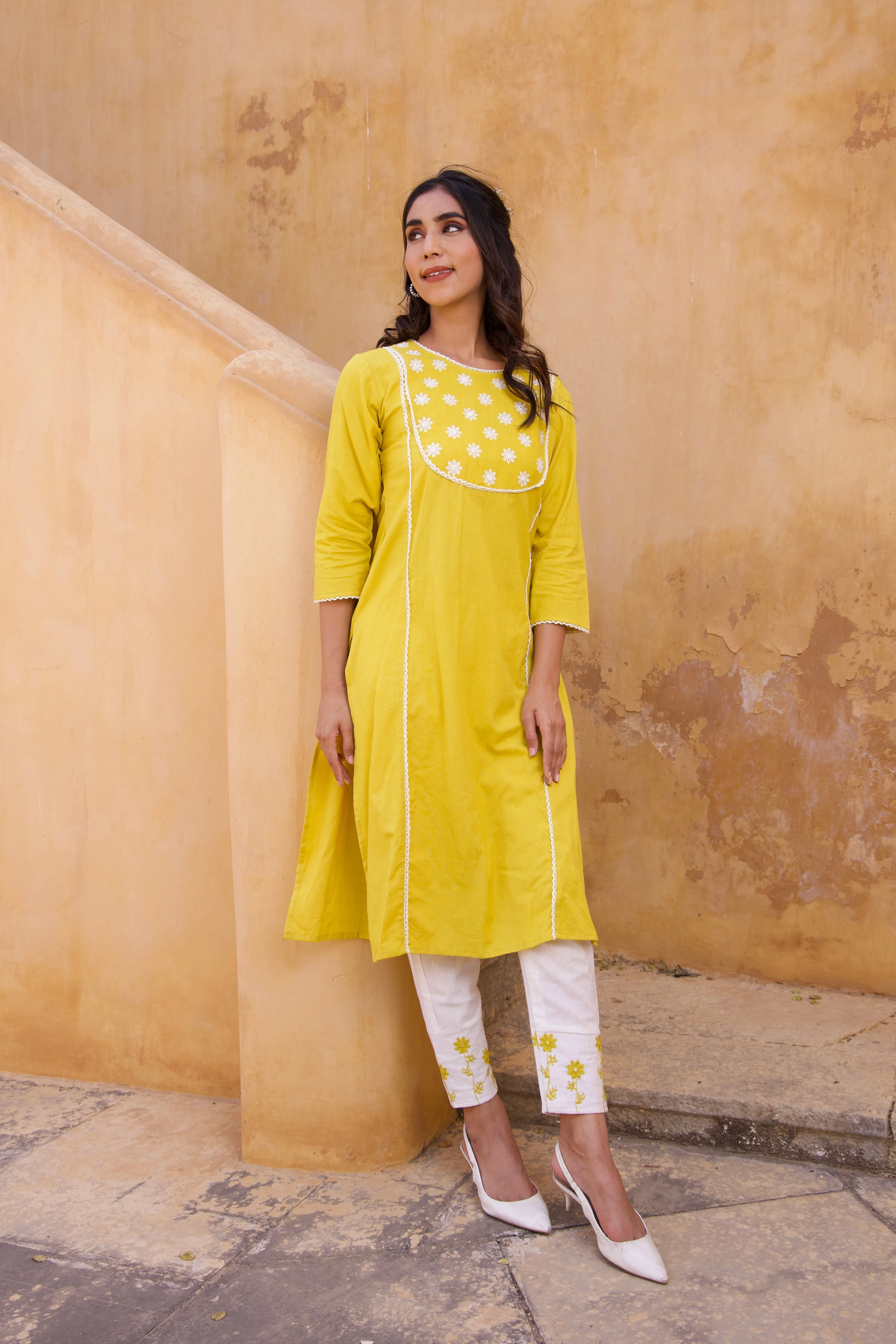 Yellow Cotton floral Summer Kurta Set