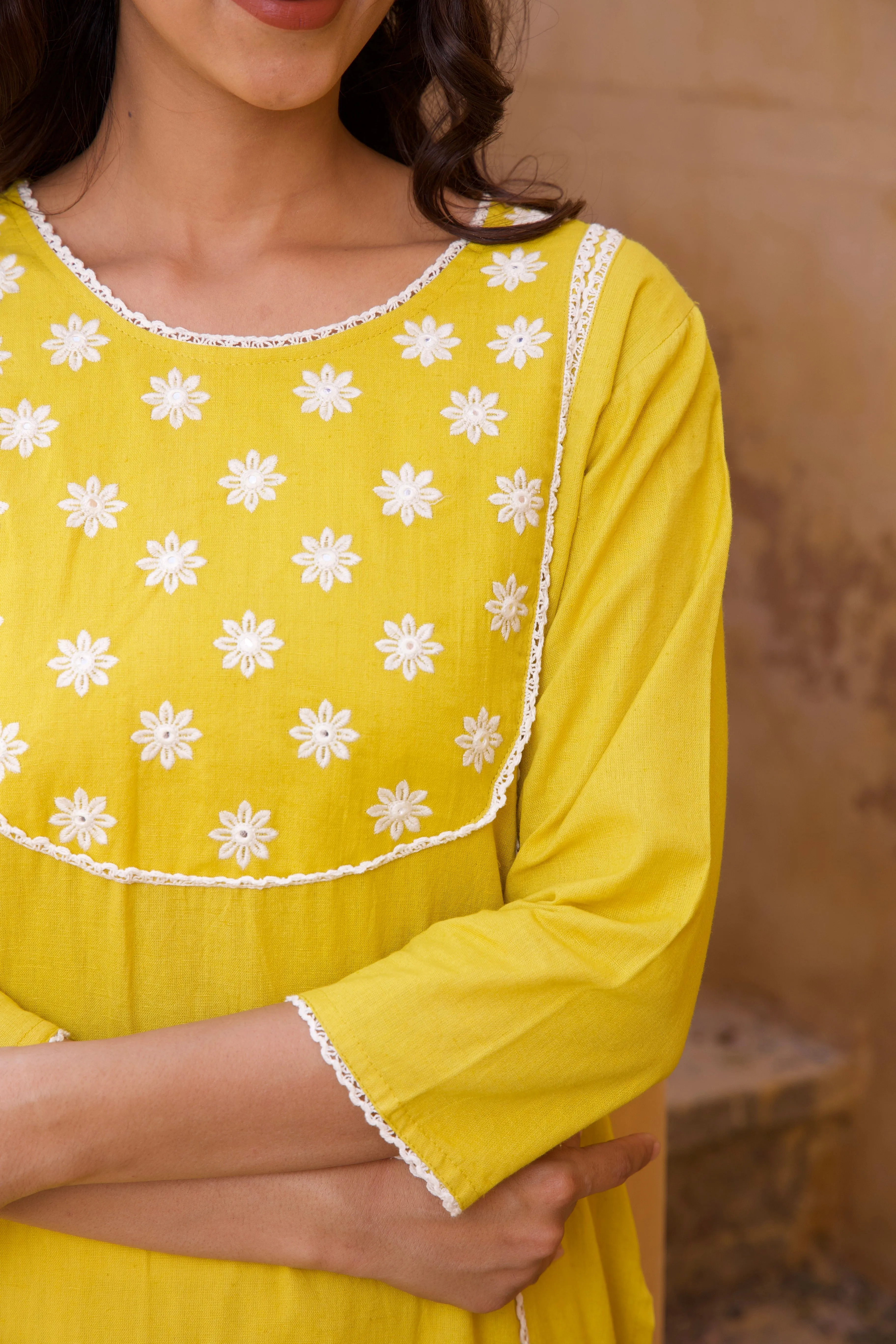 Yellow Cotton floral Summer Kurta Set