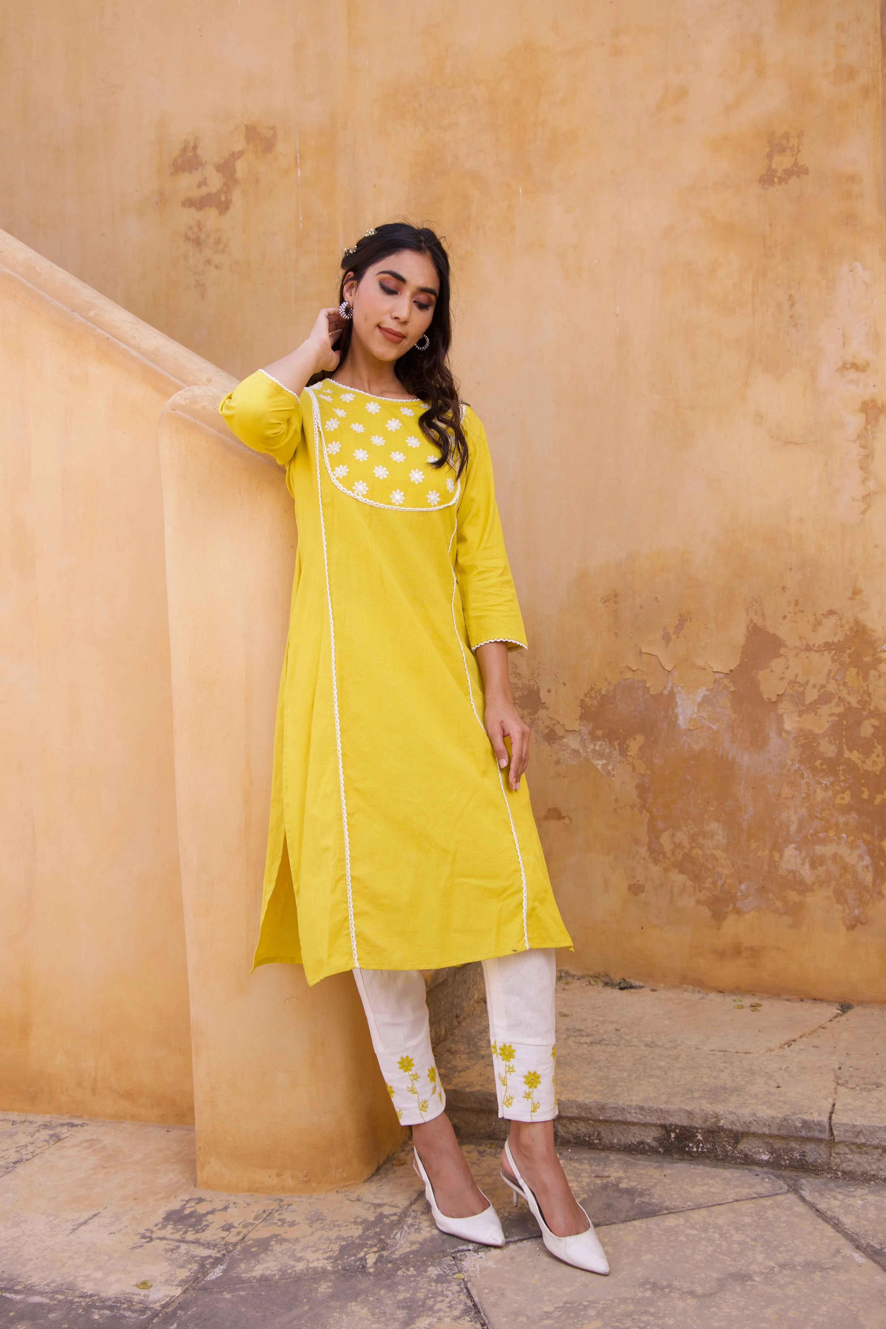 Yellow Cotton floral Summer Kurta Set