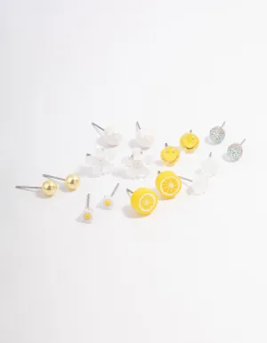 Yellow Smile Floral Stud Earrings 8-Pack